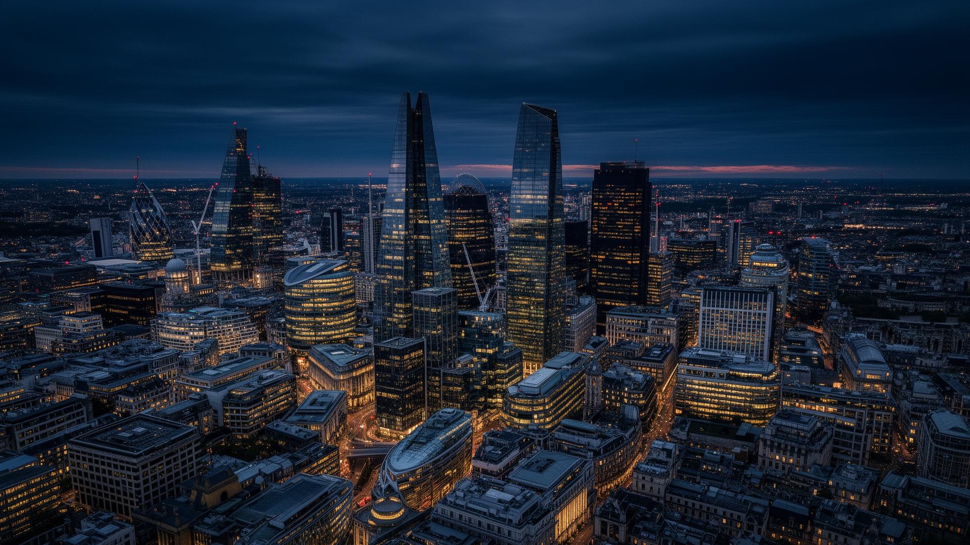 Aerial view of the City of London at golden hour
